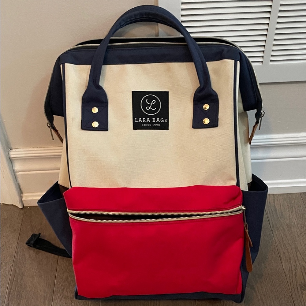 Lara Bags European Blue Red Canvas Convertible Tote Bag Backpack Laptop Travel